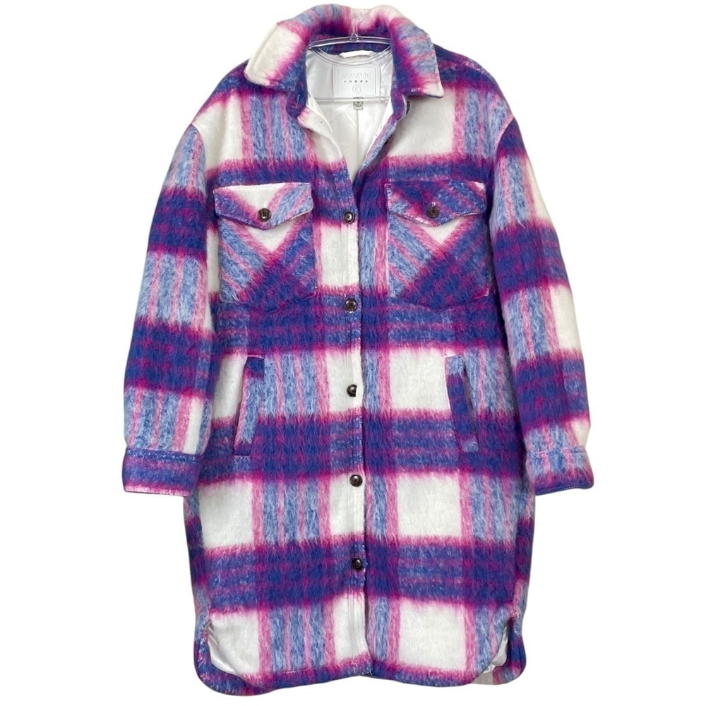 Blank NYC Plaid Fuzzy Wool Blend Long Oversized Shacket Purple Pink Size Small